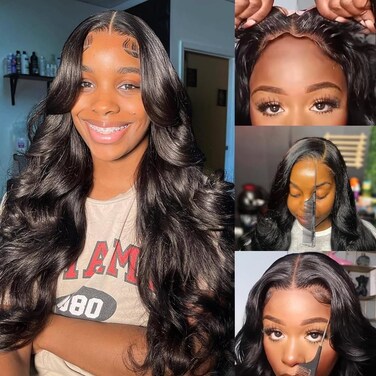 Wear &amp; Go 5x5 Invisible Real HD Lace All Melted Skin 0.14mm Ultra-thin Swiss Lace Body Wave Closure Human Hair Wigs,180% Density Natural Hairline with Baby Hair for Black Women 28inch