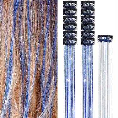 Hair Tinsel Clip in Tinsel Hair Extensions Blue Fairy Glitter Hair Tinsel Kit for Women Heat Resistant 21.5In 12Pcs Festival Hair Accessories for Party, Christmas, New Year, Halloween, Cosplay