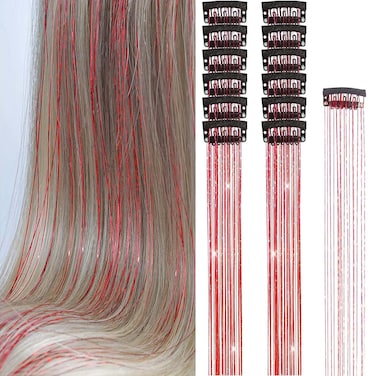 Hair Tinsel Clip in Tinsel Hair Extensions Red Fairy Glitter Hair Tinsel Kit for Women Heat Resistant 21.5In 12Pcs Festival Hair Accessories for Party, Christmas, New Year, Halloween, Cosplay