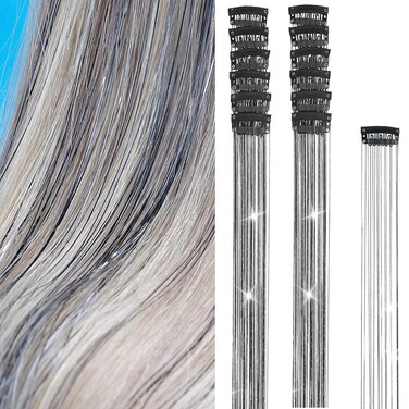 Hair Tinsel Clip in Tinsel Hair Extensions Black Fairy Glitter Hair Tinsel Kit for Women Heat Resistant 21.5In 12Pcs Festival Hair Accessories for Party, Christmas, New Year, Halloween, Cosplay