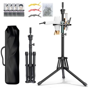 Wig Head Stand Adjustable Height - Upgrade Wig Tripod Stand with Reinforced Tool Tray , Foldable Mannequin Head Stand for Beauty and Hairdressing Styling Training (Additional 1 Free Accessory)