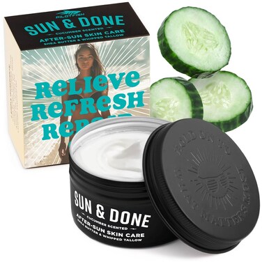 Sun &amp; Done Whipped Beef Tallow for Skin - After Sun Beef Tallow Cream &amp; Moisturizer, 7 Simple Ingredients, Shea Butter &amp; Cucumber Infused, Deep Hydration Tallow Balm for Sunburn, Pairs with Sun Lotion