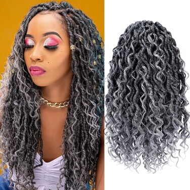 LIYATE Goddess Locs Crochet Hair 10 Inch 6 Packs Faux Locs Crochet Hair for Kids Pre Looped Soft River Locs Crochet Braids with Curly Ends Bohemian Locs Synthetic Hair Extensions(T1B/Gray)