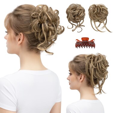 SARLA 2PCS Messy Bun Hair Pieces Detachable Claw Clip Wavy Curly Synthetic Hairpieces Fake Scrunchies Updo Ponytail Extension for Women Bernstein