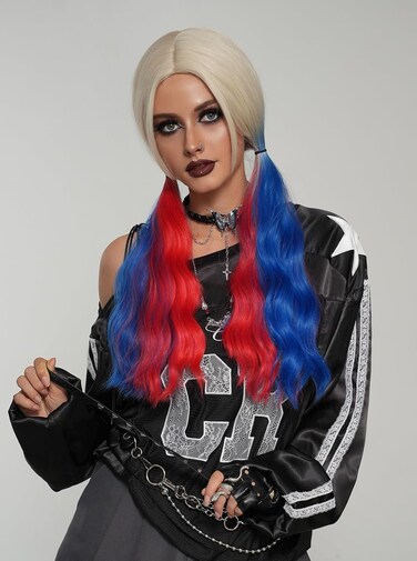 PARK YUN Long Red and Blue Double Ponytails Cosplay Wig 26 Inch Blonde Ombre Wig with Middle Part Hair Tail Dye Wig Synthetic Heat Resistant Wig for Women Halloween Used.