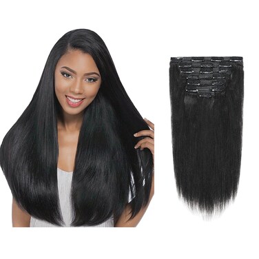 Lacer 12inch Clip in Hair Extensions Thick Yaki Straight Clip ins, Natural Black Real Virgin Human Hair Extensions for African American Relaxed Hair 7 Pieces 120 Gram Per Set