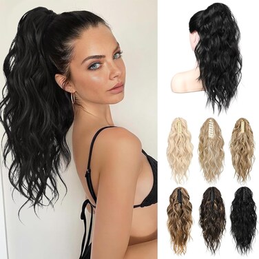 LONAI Black Ponytail Extension, 18" Wavy Claw Clip Ponytail Extensions ZJ001 Shoulder Length Curly Wavy Claw Clip in Ponytail Hair Extensions Synthetic Fake Pony tails Hairpieces-Black