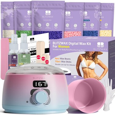 BLITZWAX Waxing Kit Hair Removal Women Digital Hard Wax Warmer Kit Great for Beginners, Ideal for Body, Bikini, Face, Legs, Hot Wax Pot Kit Achieve Salon-Quality Results at Home (Pink-Blue)