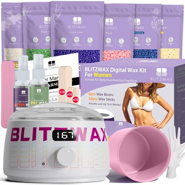 BLITZWAX Brazilian and Bikini Waxing Kit for Women, Hard Wax Warmer for Face, Legs, and Body, At Home Hair Removal Kit, Beginner Friendly, Quick Heating, Frost Reverb Digital Wax Pot