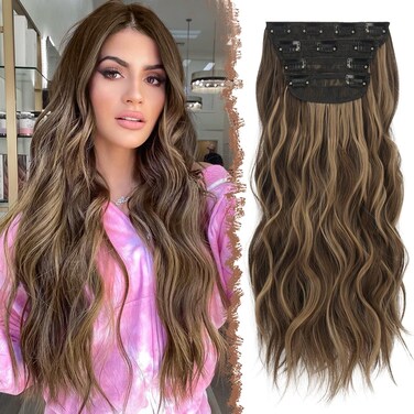FESHFEN Clip in Hair Extensions - 4 PCS Long Wavy Thick Highlighted Clip in Hairpieces Full Head Synthetic Hair Extension for Women, Honey Blonde Mixed Light Brown 20 inch