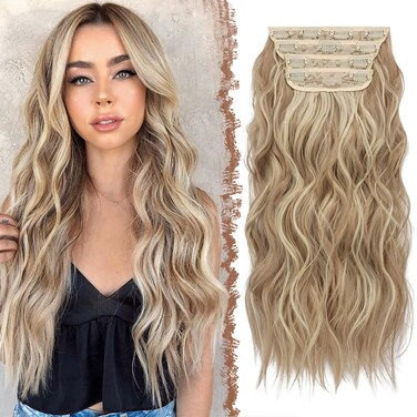 FESHFEN Clip in Hair Extensions - 4 PCS Long Wavy Thick Highlighted Clip in Hairpieces Synthetic Hair Extension for Women, Dark Ash Blonde Mixed Bleach Blonde 20 Inch