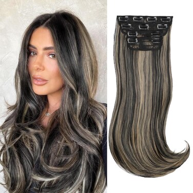Black Mix Blonde Long Straight Hair Extensions Layered Hair Extensions Soft Synthetic Clip in Hair Extensions Hairpieces for Women(2/18)