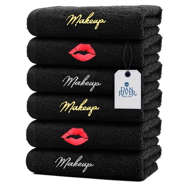 DAN RIVER Makeup Towel 100% Spun Cotton - (Pack of 6) Luxuriously Soft Reusable Makeup Remover Cloth, Facial Cleansing Cloth, of 6 13x13 Inch, Black