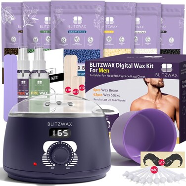 BLITZWAX Nose Wax Kit for Men and Women Hair Removal Digital Wax Pot Kit with Beard Stickers for Sensitive Skin, Mustache, Body, Face, Leg and Back, Complete Waxing Kit for Home/Beginners