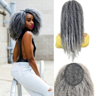 18" Ombre Gray Marley Hair Drawstring Ponytail   Afro Kinky Synthetic Braiding Hair for Black Women   Twist Braid Ponytail Extension (T1B/GRAY#)