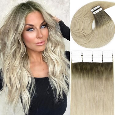 Lacerhair Natural Hair Remy Tape in Human Hair Extensions #8G/60A Light Ash Brown to Light Platinum Blond Dip Dyed Seamless PU Skin Weft Real Remy Invisible Hair Double Side 50g 20pcs 18inch