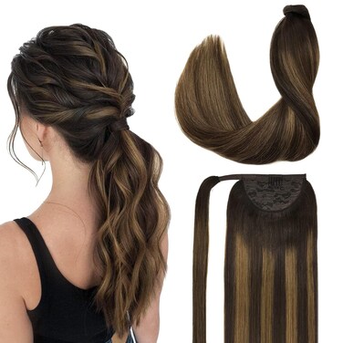 DOORES Ponytail Extension Human Hair Extensions Balayage Dark Brown to Chestnut Brown 16 Inch 80g DOORES Clip in Ponytail Extensions Ponytail Hair Piece For Women Wrap Around Ponytail Straight