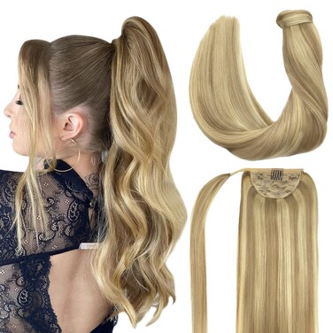 DOORES Ponytail Extension Human Hair Balayage Light Blonde Highlighted Golden Blonde 14 Inch 75g Clip in Hair Extensions with Magic Paste Straight Wrap Around Ponytail Hair Piece