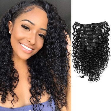 Anrosa Water Wave Clip in Hair Extensions Human Hair Natural Black 1B Double Weft Water Wave Curly Clip ins Extensions for Black Women Clip on Wave Hair Extension 14 Inch 120 Gram