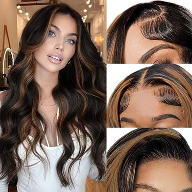 SUKRI Synthetic Lace Front Wig 26 Inch Brown Highlight Wigs for Women 13X4 Preplucked Glueless Lace Front Wig Long Wavy Synthetic Wigs with Baby Hair Highlight Wig for Natural Daily Parties
