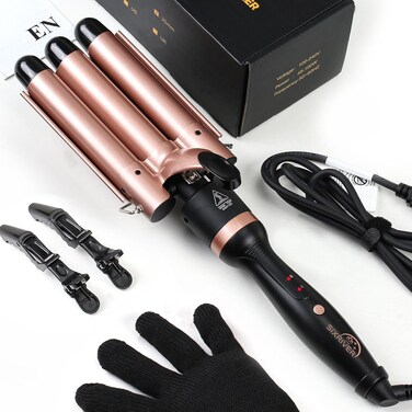 Triple Barrel Curling Wand - Fast Heating, 2-LED Temp Control, Auto Shut-Off, Beachy Waves &amp; Mermaid Crimper Style, Mother's Day Gift