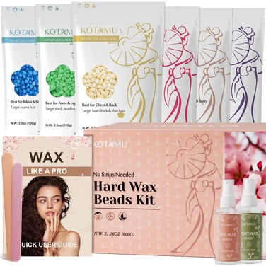 KOTAMU Hard Wax Beads, 6 Packs Waxing Beads for Hair Removal- Facial Bikini Brazilian Leg Sensitive Skin Full Body- Stripless Wax Beans Kit for Coarse &amp; Fine Hair, Ideal for Women Men Home Salon Use