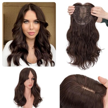 Rich Choices Hair Toppers for Women 18 Inch Hair Toppers for Women with Thinning Hair 6A Light Brown Hair Topper with Bangs Synthetic Wavy Curly Fiber Hair Pieces for Women