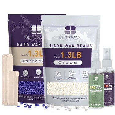 BLITZWAX 2.6lbs Hard Wax Beads for Hair Removal Lavender and Cream Waxing Beans for Sensitive Skin, Face, Eyebrows, Brazilian and Bikini, Hot Wax with 30 Wax Sticks&amp;2 Wax Oils for Women Men(2 Packs)