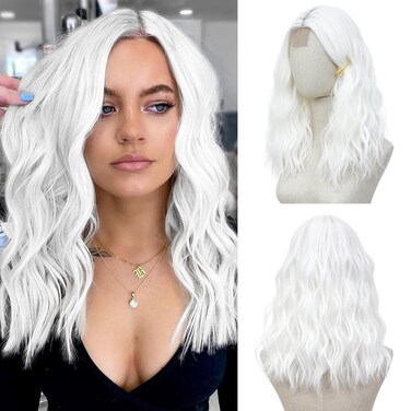 White Wig 18 Inch Medium Length Wigs for Women Middle Part Synthetic Hair Wavy Wig with Upgraded Strands,Natural Hair Wig for Daily Party/Halloween Use 18Inch,White
