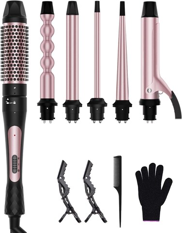 6 in 1 Curling Iron, Curling Wand Set with Thermal Brush (1.5inch) &amp; 1inch Bubble Curling Wand and 3 Interchangeable Ceramic Barrel (0.35"-1.25"), Instant Heat Up With Comb &amp; Protective Glove &amp; 2 Clip