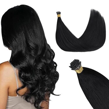GOO GOO I Tip Hair Extensions Real Human Hair, 14inch 50g 100S, Cold Fusion I Tip Hair Extensions, Invisible Remy Hair Extensions, 1 Jet black