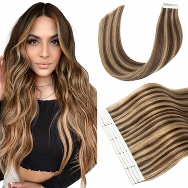 Tape in Hair Extensions Human Hair, 20pcs 50g 14 Inch Tape in Hair Extensions,Chocolate Brown Highlighted Caramel Blonde,Invisible Remy Soft Natural Thick Real Human Hair Extensions
