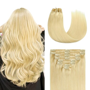 Sunya Clip in Hair Extensions Real Human Hair Bleach Blonde Human Hair Clip in Extensions Double Weft Blonde Human Hair Clip ins Straight Hair Extensions Clip ins 14 Inch #613 8Pcs/110g