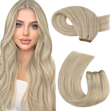 Moresoo Sew in Hair Extensions Real Human Hair Blonde Highlight Weft Extensions Human Hair Ash Blonde with Blonde Sew in Weft Human Hair Extensions Blonde 22 Inch 100g