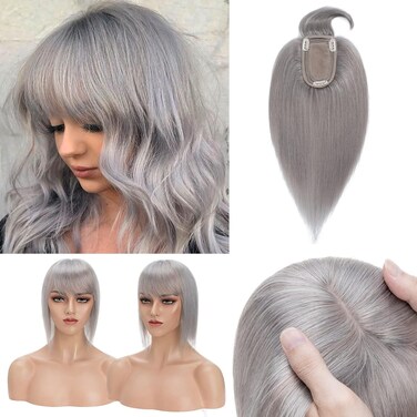 Benehair 100% Remy Human Hair Toppers for Women with Bangs 150% Density Hand Made Silk Base Clip in Hair Pieces for Women with Slight Hair Loss Thinning Hair Cover Gray Hair -8 Inch Grey