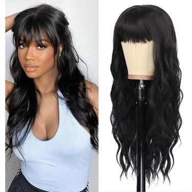 Long Black Wig with Bangs for Women Curly Wavy Bangs Wig Heat Resistant Synthetic Natural Black Wigs for Daily Party Use (Black,26 Inches)