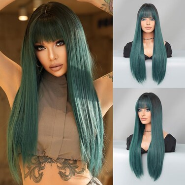PARK YUN Green Long Straight Layered Wig with Bangs 28 Inch Synthetic Heat Resistant Wig for Women Daily Life Used.