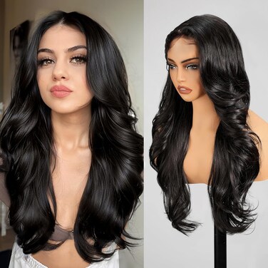 KOME Black Synthetic Lace Front Wig,13&times;4 HD Lace Body Wave Pre Plucked Glueless Wigs for Women Daily Use 26IN