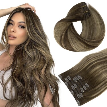 HOTBANANA Human Hair Clip in Hair Extensions, Balayage Chocolate Brown with Honey Blonde 120g Clip in Hair Extensions Real Human Hair Straight Remy Hair Clip Ins Dark Roots Ombre 16 Inch 7pcs