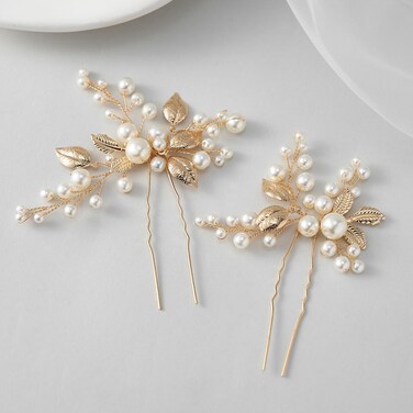 SWEETV 2Pcs Bridal Hair Accessories Pearl Bride Wedding Hair Pins Leaf Bridal Head Piece Rhinestones Hair Jewelry Gold Hair Accessories for Women and Girls