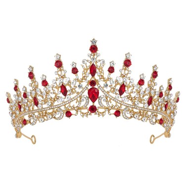 SWEETV Baroque Princess Tiara for Women, Royal Queen Crown Diadem Headband, Crystal Costume Accessories for Prom Birthday Red, Audrey Quinceanera Crown