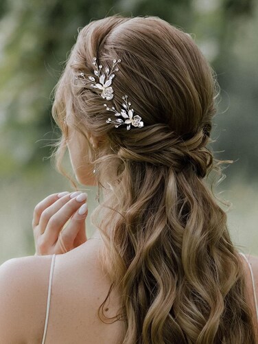 SWEETV 2Pcs Wedding Hair Pins Bridal Rhinestone Wedding Hair Accessories Hair Pieces for Brides Bridesmiad,Silver
