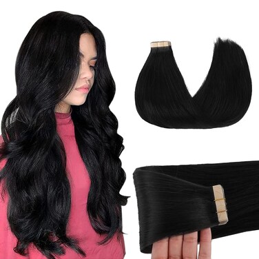 GOO GOO Tape in Hair Extensions Human Hair, 1 Jet black, 22inch 50g 20pcs, Thick Ends Straight Seamless Tape in, Invisible Tape in Hair Extensions Human Hair