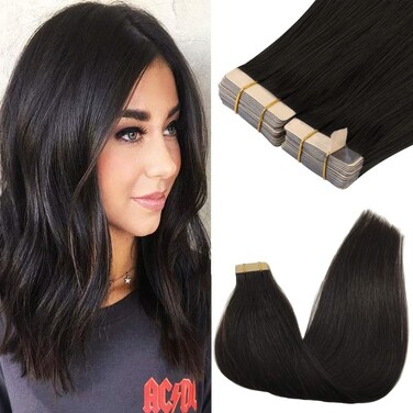 GOO GOO Tape in Hair Extensions Human Hair, 1B Natural black, 18inch 100g 40pcs, Thick Ends Straight Seamless Tape in, Invisible Tape in Hair Extensions Human Hair
