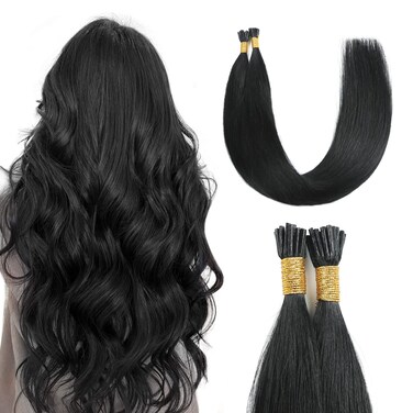 Sunya I Tip Hair Extensions Human Hair 28 Inch #1 Jet Black 50g/50Strands Long Straight Black I Tip Hair Extensions
