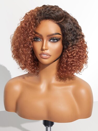 LUVME HAIR 10" Bright Brown Curly Wig Human Hair Pre Plucked, Undetectable Real HD Pre Cut Lace Wig Ombre Curly Wigs Short Curly Bob Wig Human Hair 180 Density Curly Glueless Wig Bleached Knots