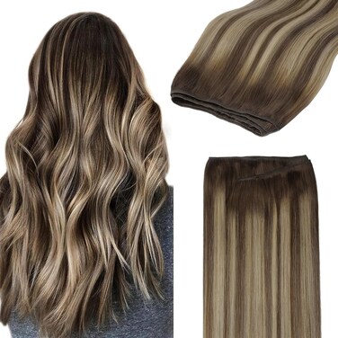 GOO GOO Sew in Hair Extensions Real Human Hair, Weft Hair Extensions Human Hair, 4/26/4 Balayage Chocolate Brown to Honey Blonde 24inch 120g, Weft Bundles Straight Silky Remy Hair
