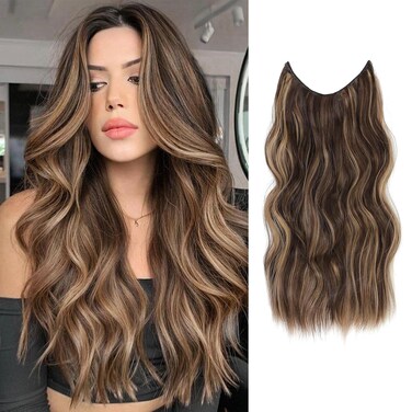 Gowit Light Brown with Blonde Hair Extensions Invisible Wire Hair Extensions with Removable Transparent Adjustable Headband 20 inch Long Wavy Hairpiece for Women 4 Secure Clips Ins