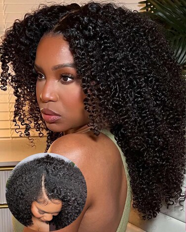 Vshow Curly V Part Wig Human Hair Upgrade U Part Wigs Human Hair Wigs for Women Glueless V Shape Wigs Afro Curly Wigs No Leave Out 180% Density Natural Color 18Inch