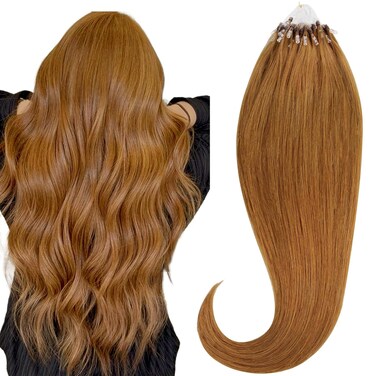 HOTBANANA Micro Ring Hair Extensions Human Hair, 14 inch 50g 50s Auburn Ginger Micro Beads Real Human Hair Extensions Straight Micro Link Micro Loop Hair Extensions